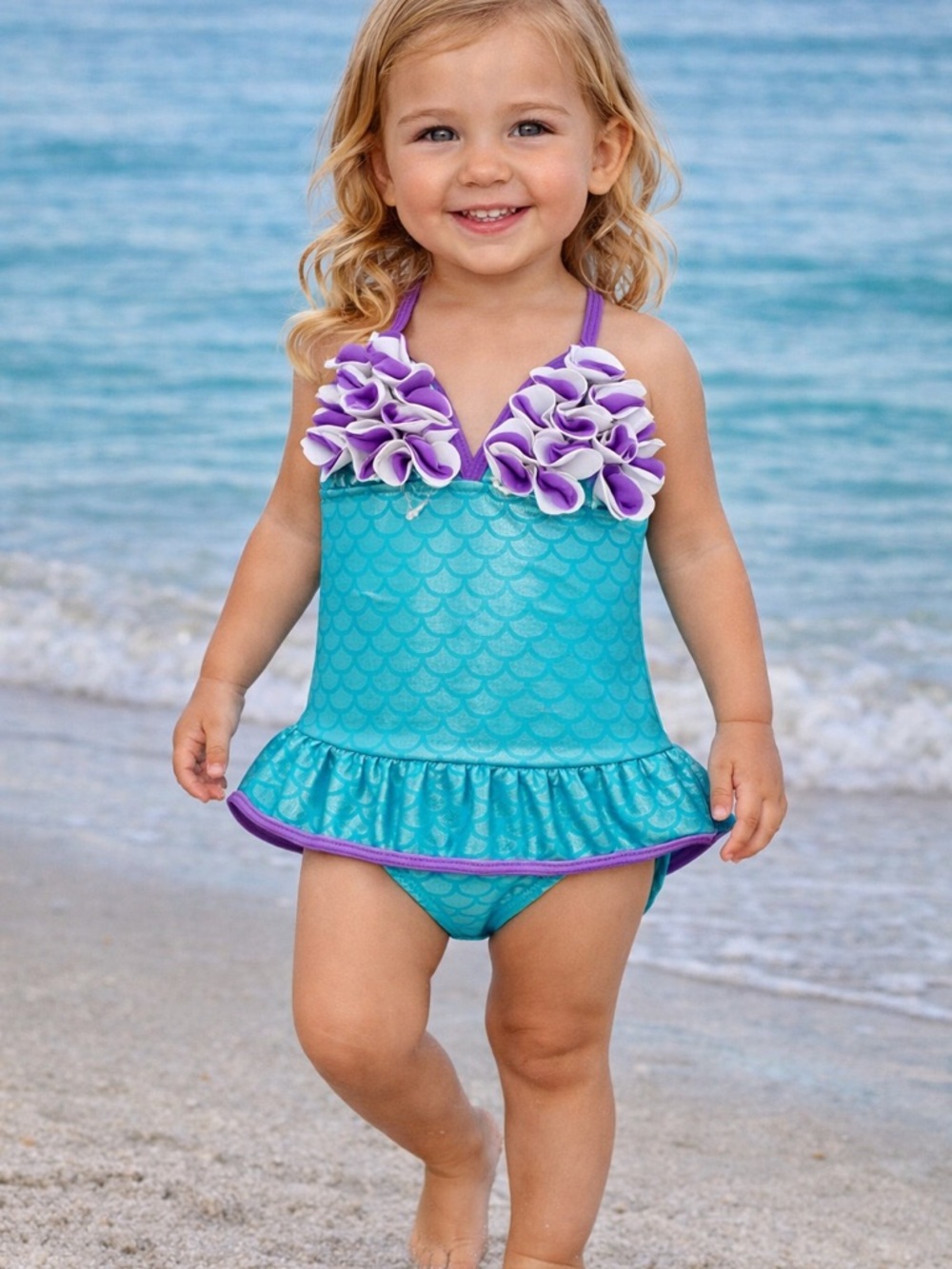 Floatimini Teal & Purple Ruffle Mermaid Toddler One-Piece Swimsuit